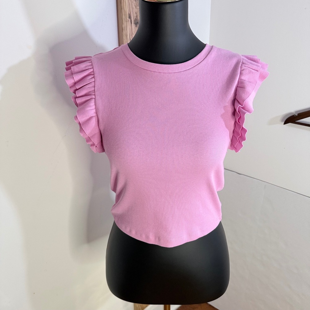 NWOT Zara Ruffle Sleeve Womens Large Pink Ribbed Knit‎ Crew Neck Cropped Top